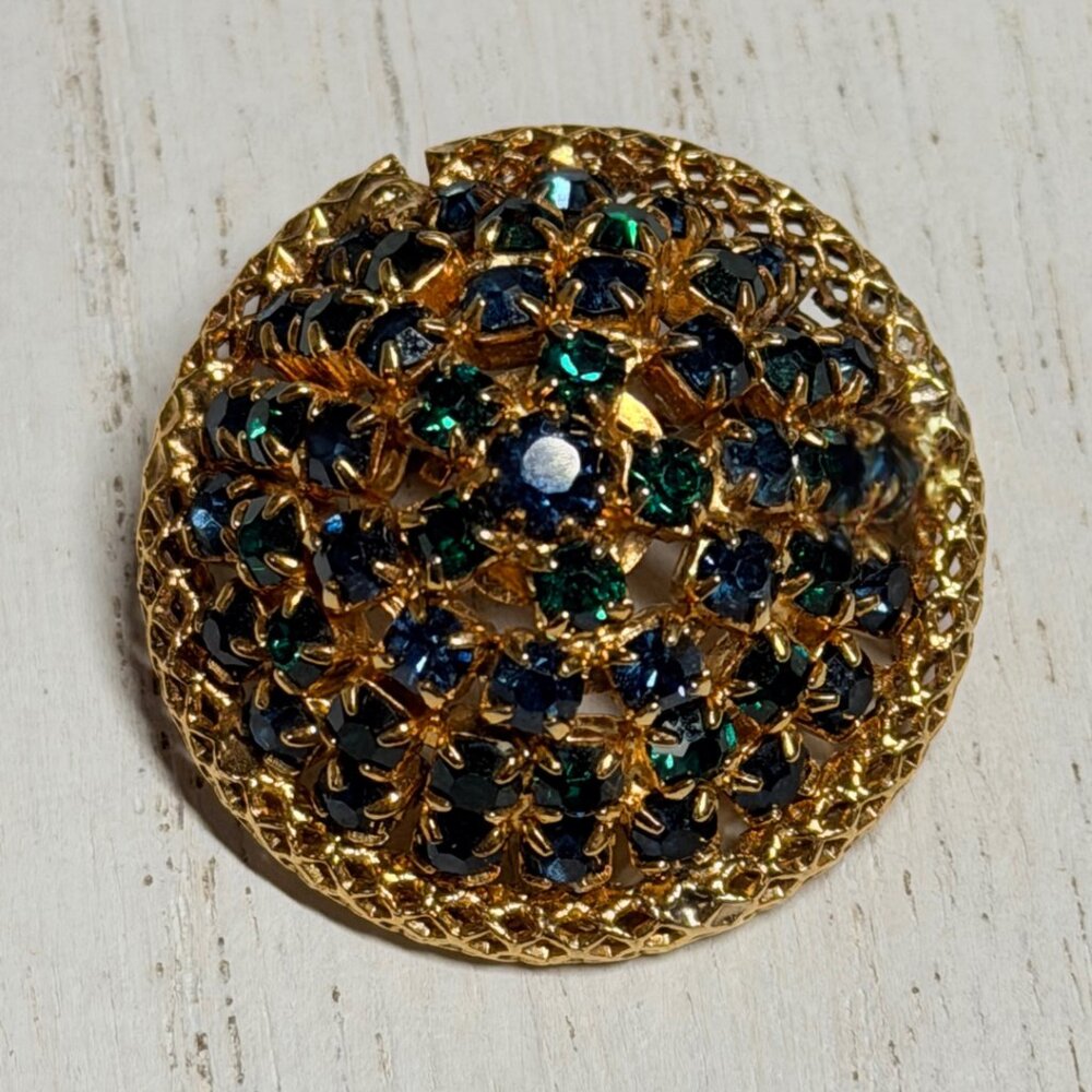 Vintage Signed Austria Gold Tone Blue & Green Rhinestone Dome Brooch